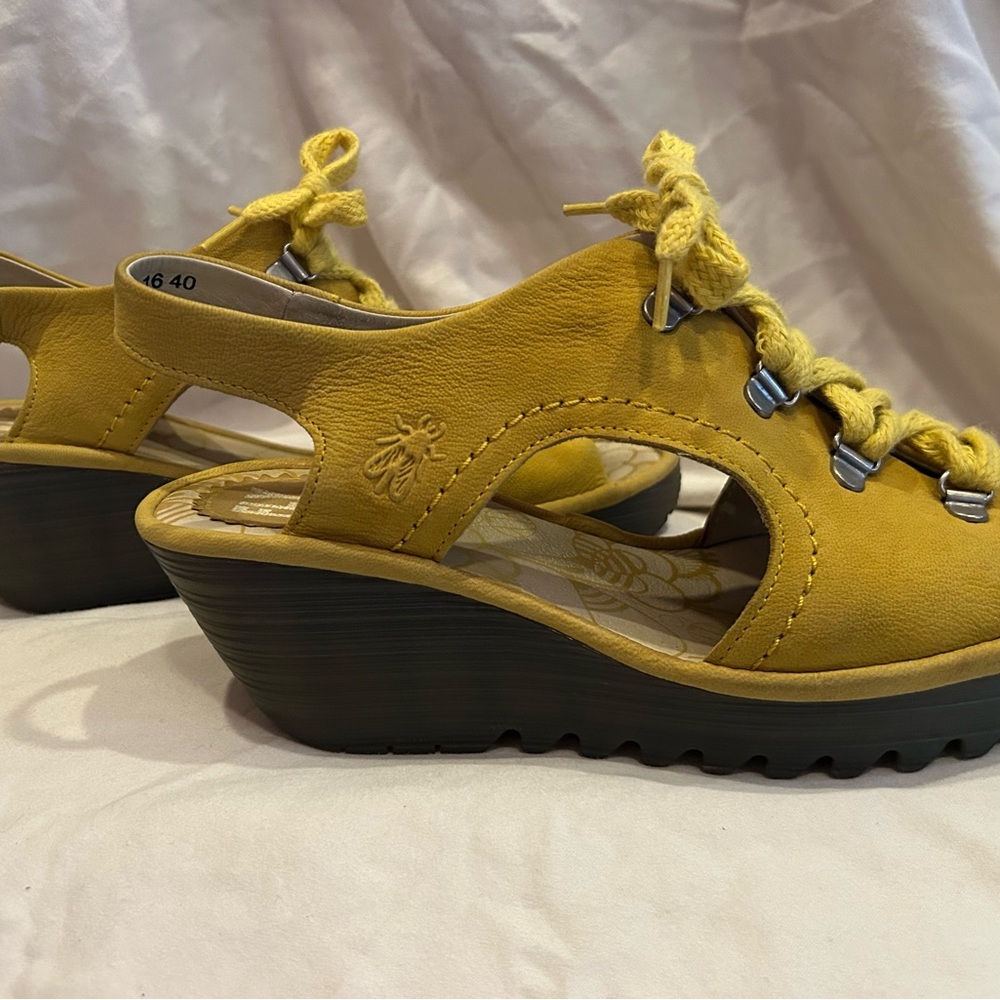Fly London Ylfa Yellow Suede Lace Up Peep Toe Wedge Sandals Womens
